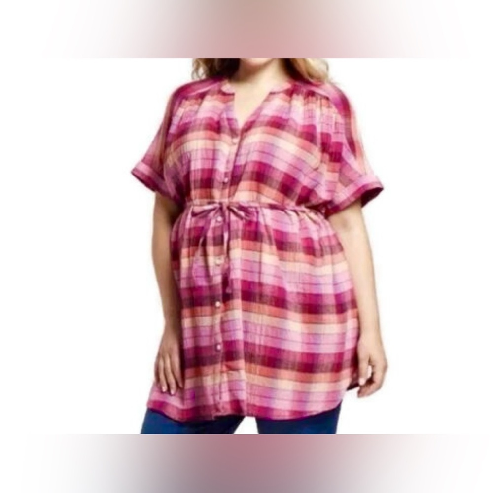 Isabel Maternity Plaid Dolman Short Sleeve Button-Down Top Pink/Orange XXL